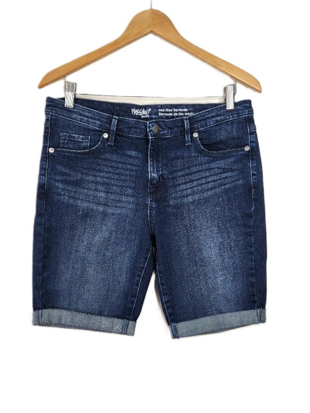 Mossimo Blue Dark Wash Denim Cuffed Bermuda Jean Shorts sz 10 Rolled Hem Casual